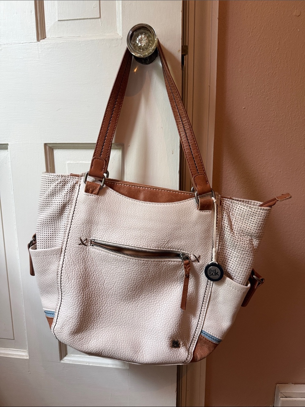 The Sak Cream and Brown Leather-Trim Tote with Front Zip
